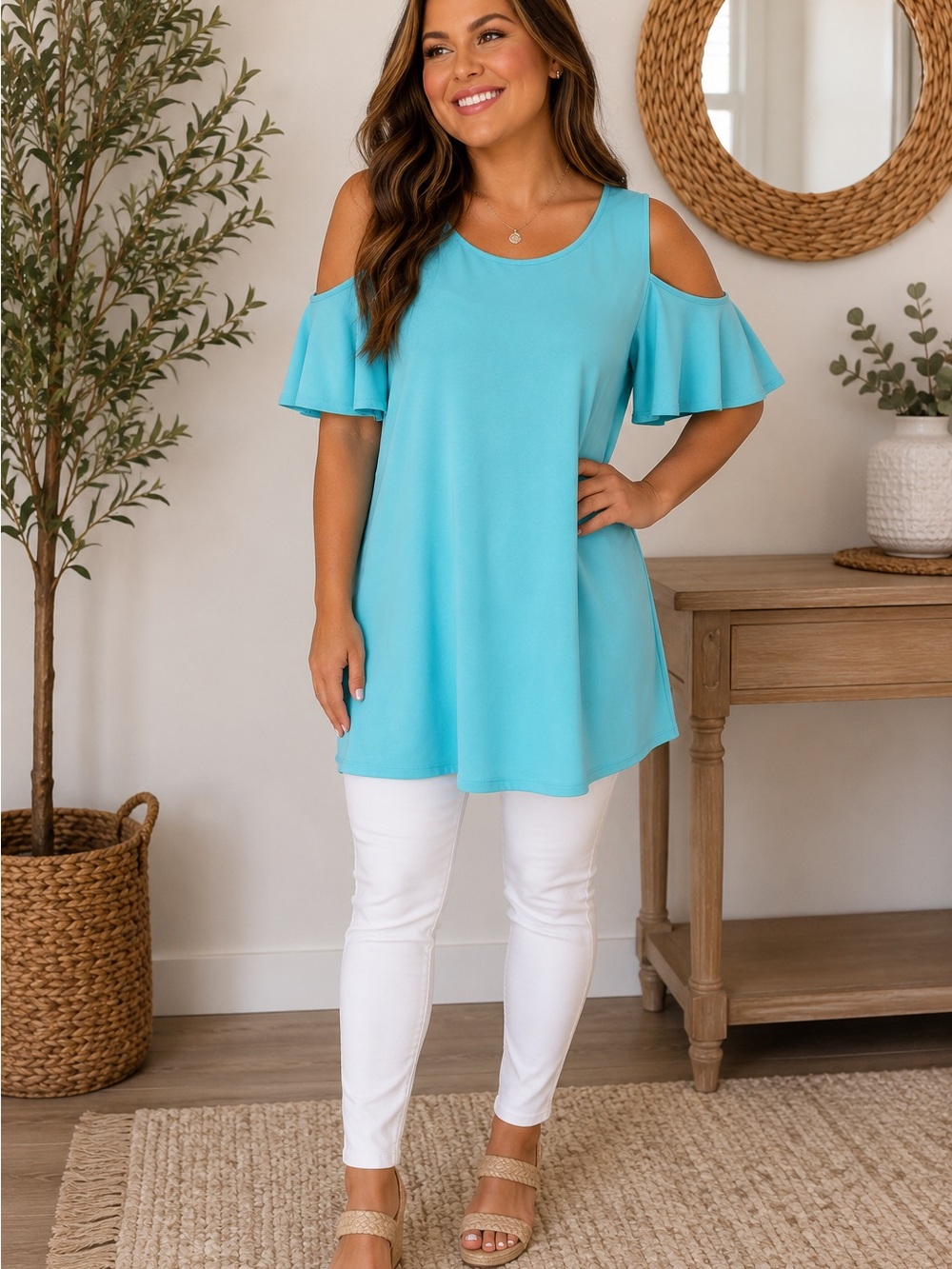 Aqua Cold-Shoulder Flutter Sleeve Tunic